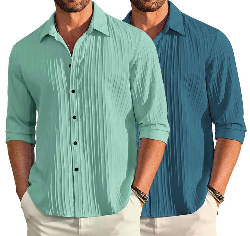 Image of DEELMO Combo of Men's Casual Button Down Shirts Long Sleeve Linen Shirt Fashion Textured Summer Shirts Pack of 2