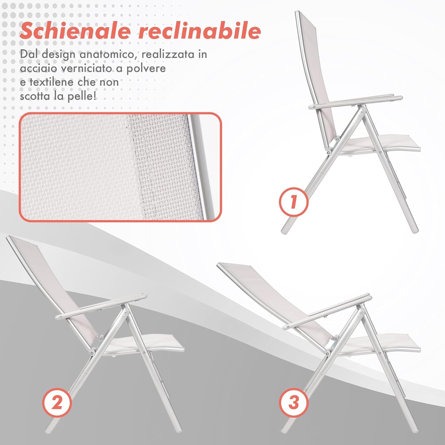 Coppia da 2 Sedie Sdraio Pieghevoli da Giardino con Schienale Reclinabile in Acciaio Inox Tessuto Traspirante Resistenti all'Acqua Colore Grigio Sedia Terrazzo Poltrona Design Moderno - Trasparente