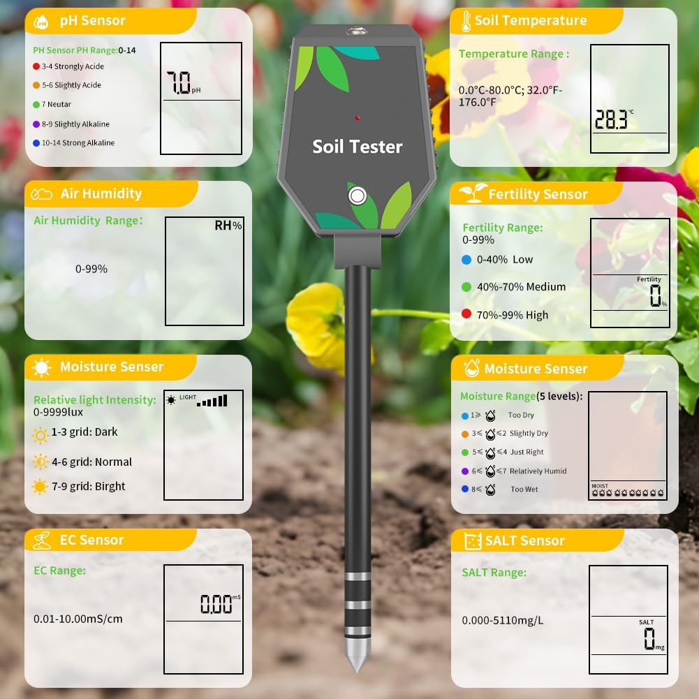 Misuratore di Terreno Multifunzione Digitale Ph/EC/Luce/Umidità/Fertilità/Termometro/Igrometro per Test di Giardinaggio