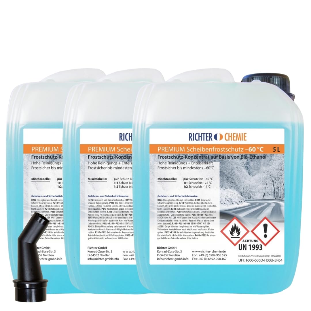 Richter Chemie Premium Scheibenfrostschutz Konzentrat -60°C, 3 x 5 Liter | Konzentrat für Auto Scheibenwaschanlage, Frostschutzmittel Scheibenwaschanlage, schont Gummi, Lack und Kunststoff, verdünnbar