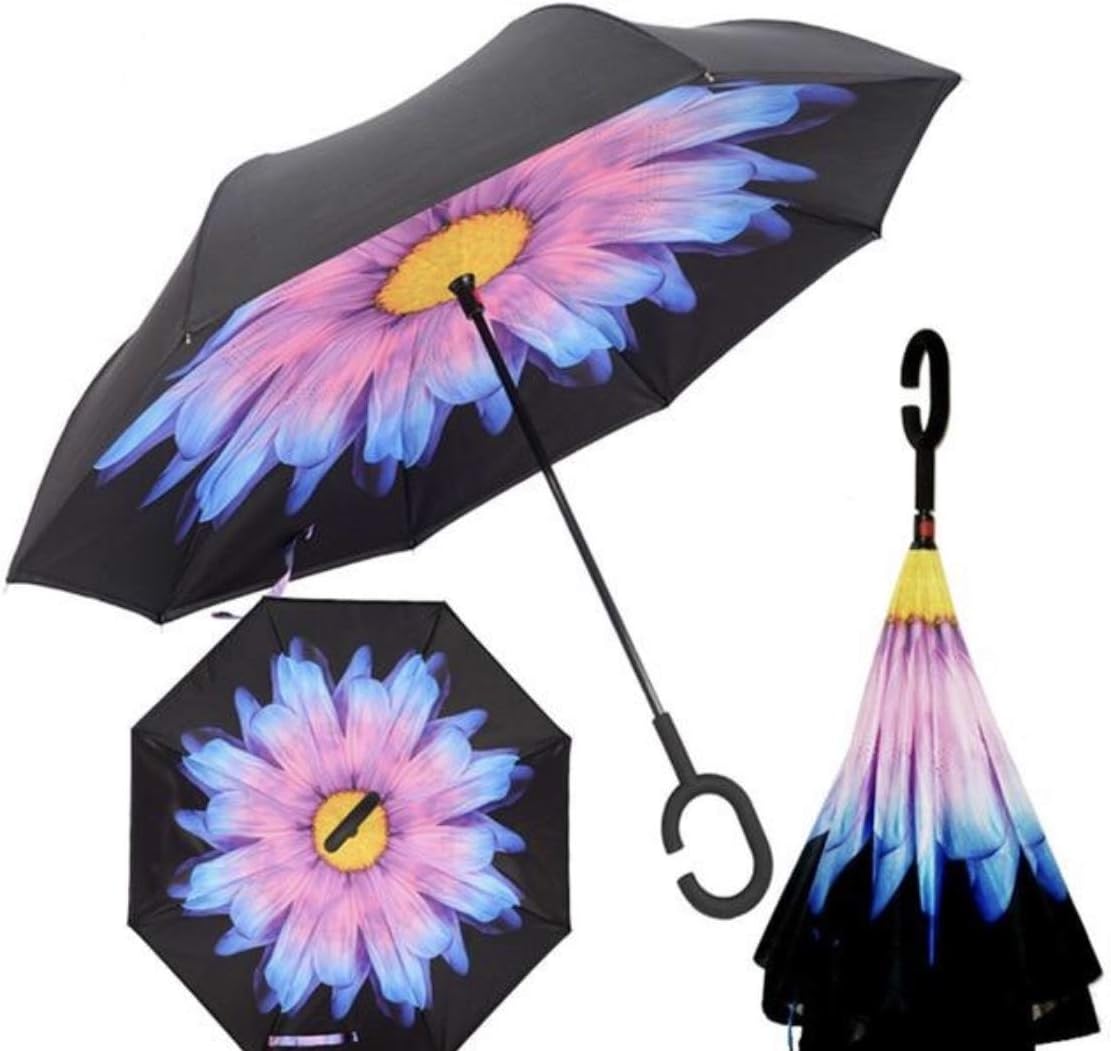 Double Layer Inverted Umbrella, Windproof Reverse Durable Umbrella for UV Protection with C Shape Handle