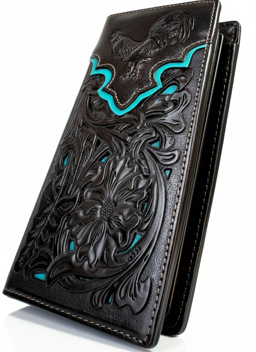 Western Stakes Long Leather Wallet – Embossed Rooster Design – Laser Cut Floral Pattern – Bi-Fold Western Wallet for Men – Ranch Style Rodeo Leather