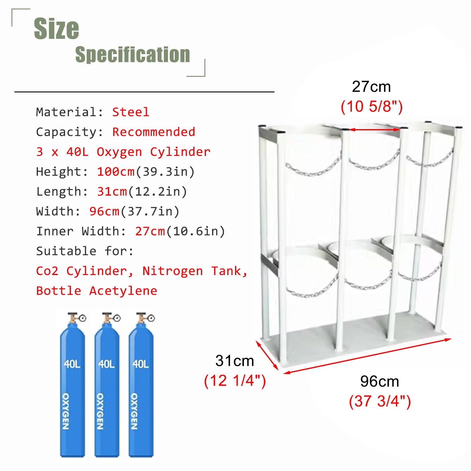 Soporte de Lujo para Tanque de oxígeno - Soporte Universal para bombonas de Gas con Cadenas de fijación, Soporte Resistente para Cilindros de nitrógeno en hospitales, Ajustable de 27 a 96 cm