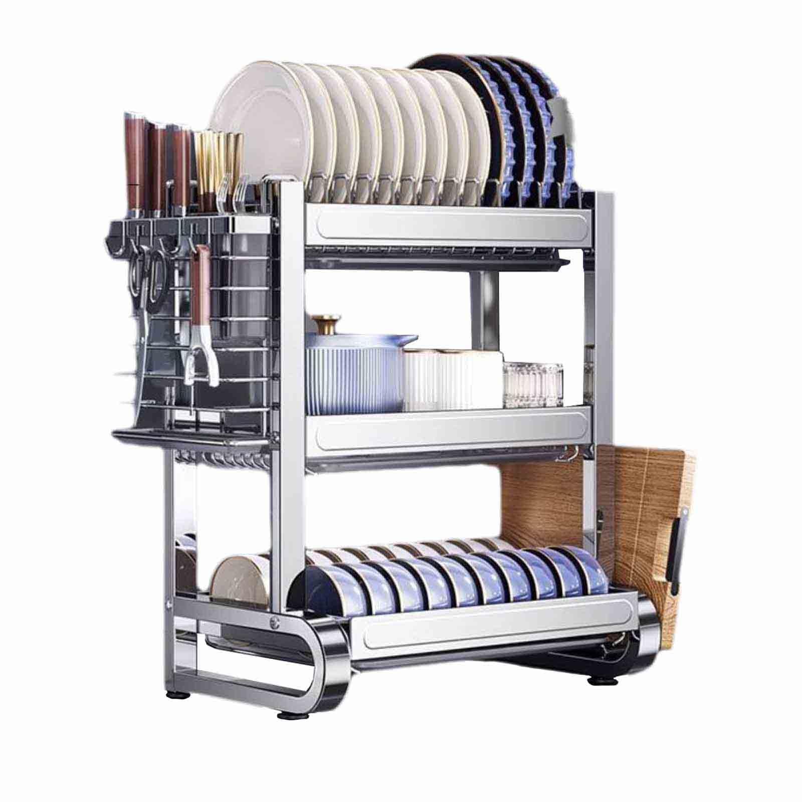 JUSHZ Egouttoir Vaisselle Egoutoire Vaisselle Cuisine Evier Nier À Couverts Seche Sur Inox 3 Niveaux Porte-couteaux De Cuisine (55x26.5x51cm,silver)