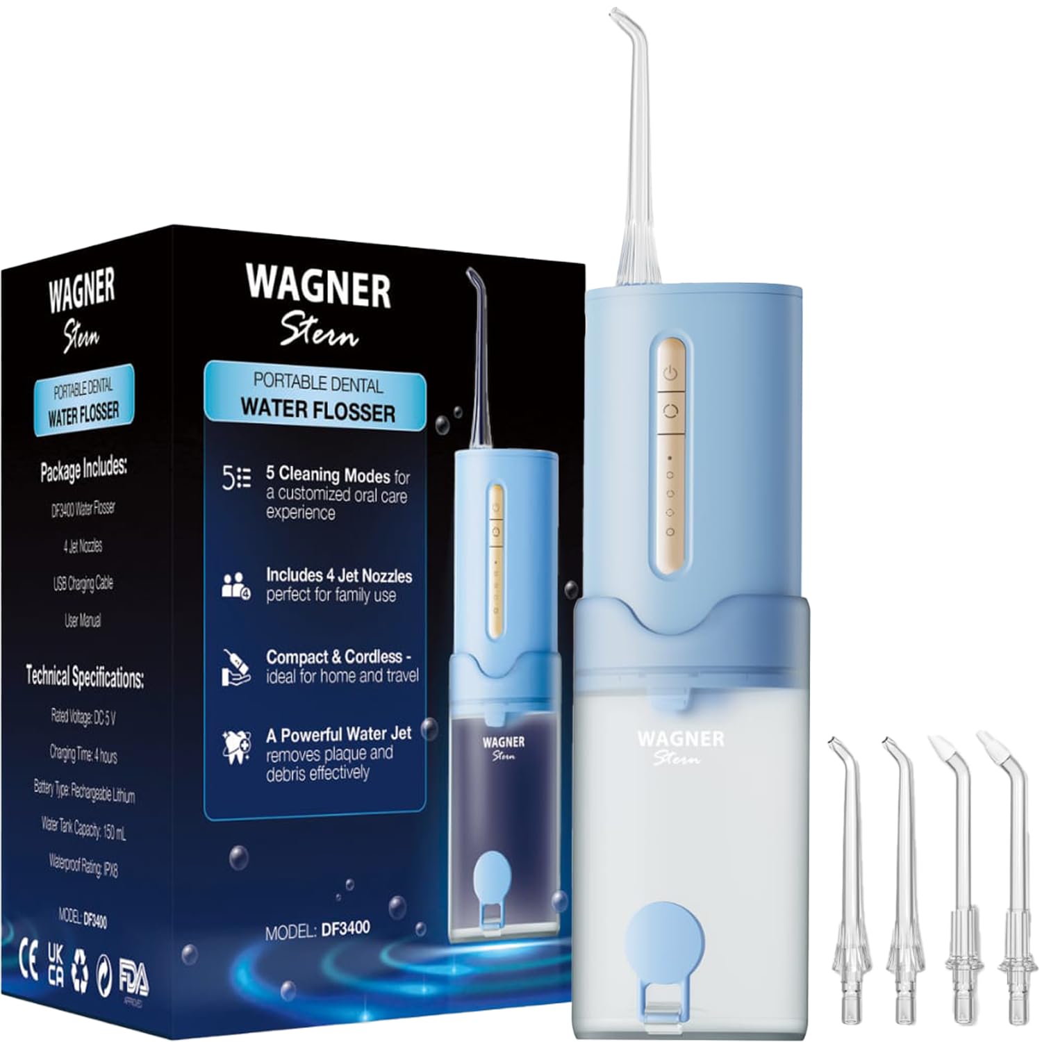 Wagner Stern Irrigador dental portátil, irrigador dental inalámbrico con 5 modos de presión, 4 boquillas de chorro, recargable por USB-C, IPX7 impermeable, modelo DF3400