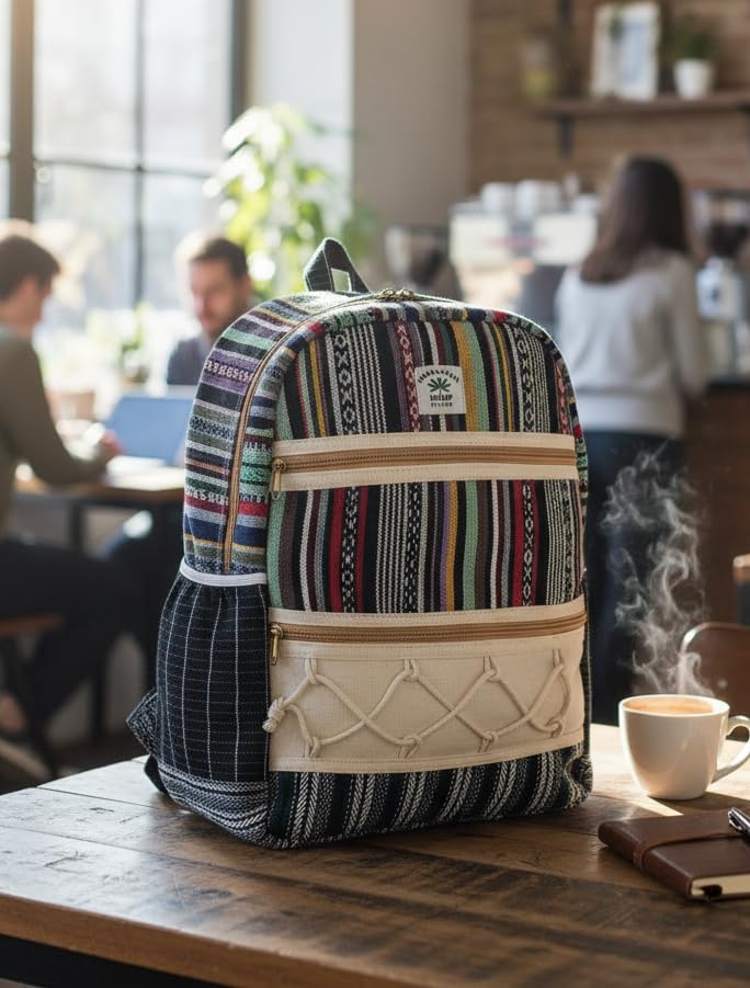 Image of URBAN HIKE 100% Pure Hemp Fabric Drawstring Backpack /Sack | Sustainable, Zero Waste, Unbleached Natural Storage Bag | Small Travel Gear Pouch