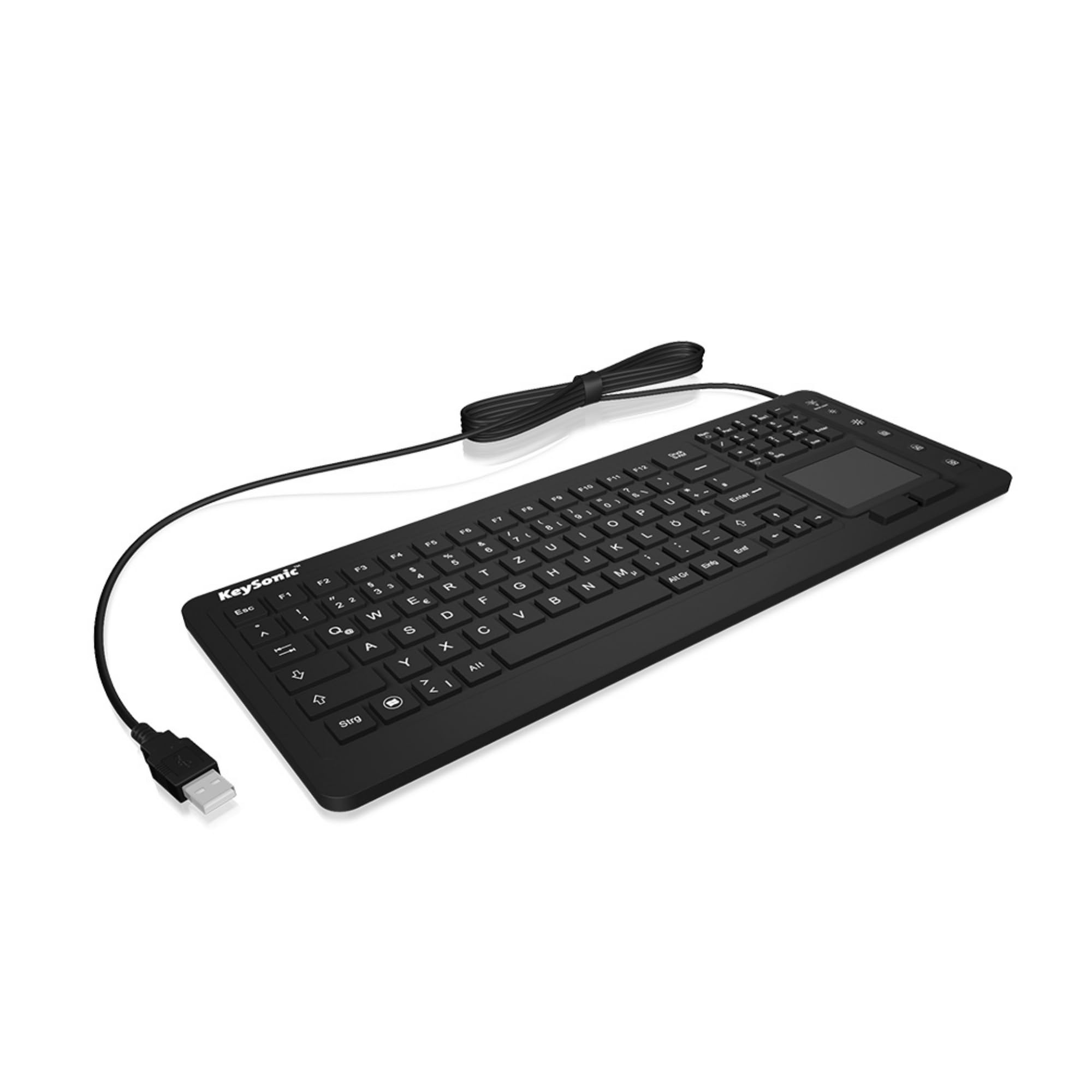 KeySonic KSK-6231 klawiatura INEL (US) silikonowa klawiatura uniwersalna, pyłoszczelna i wodoszczelna, pełnowymiarowa touchpad z oświetleniem, czarna, 28077