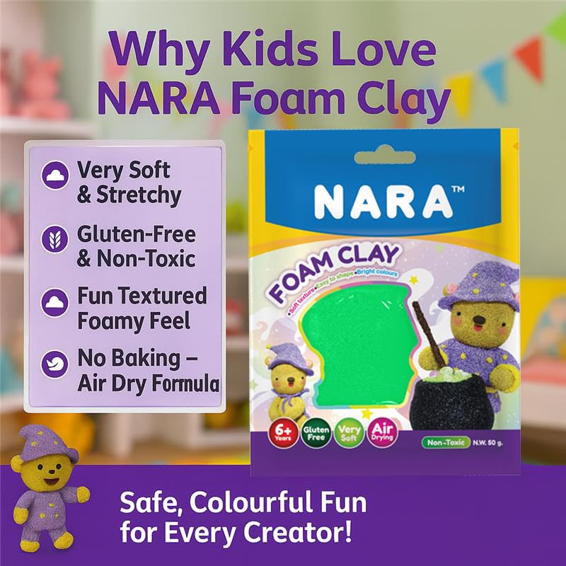 NARA Foam Clay 50g, Soft Air Dry Modeling Clay for Kids, Non-Sticky Lightweight DIY Craft Clay, Easy to Mold for Art, School Projects, Slime Add-ins & Creative Crafts (Neon Green) 1