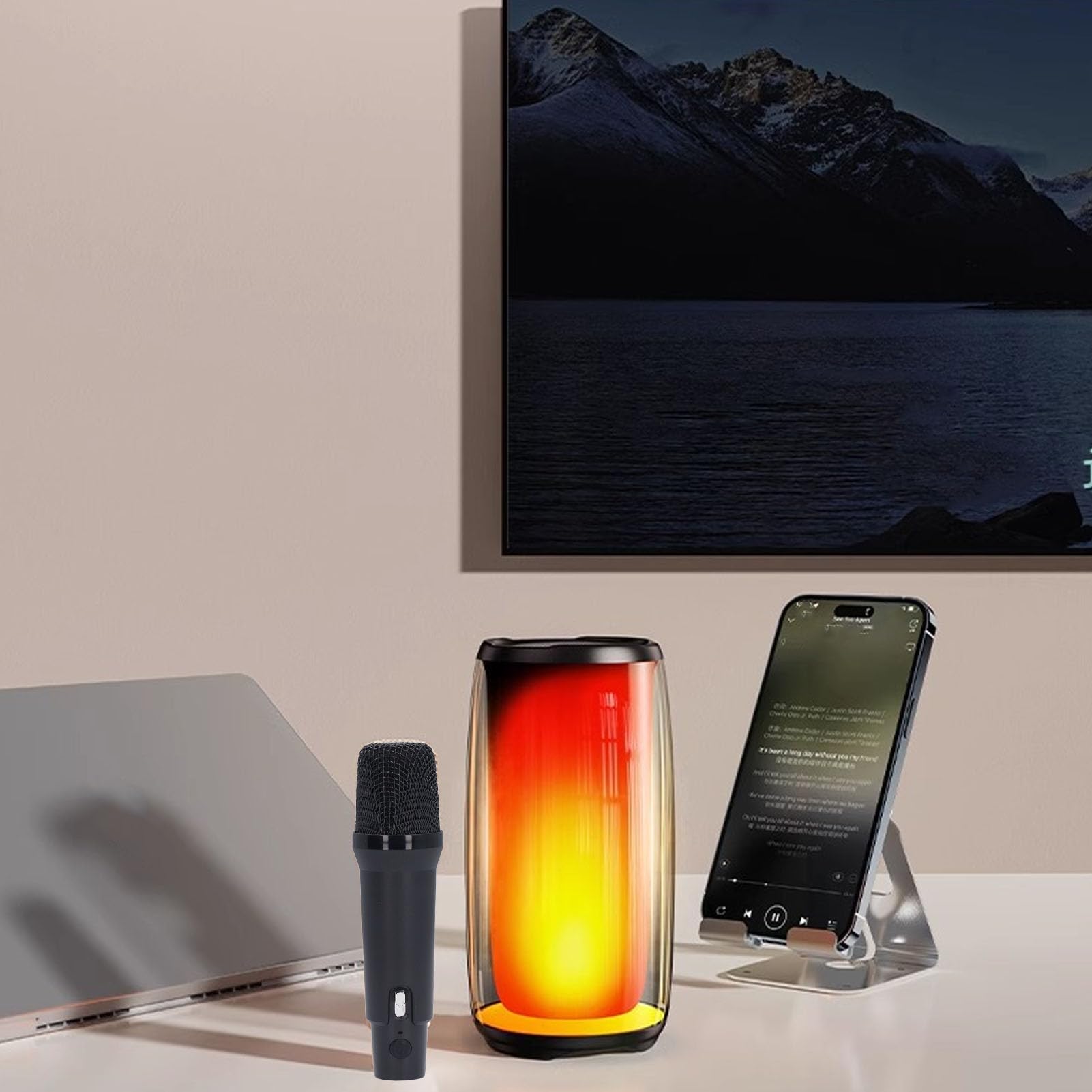 Przenośny Głośnik z Mikrofonem, Maszyna RGB Light Karaoke 4000 MAh do Kempingu na Zewnątrz Domowej Imprez