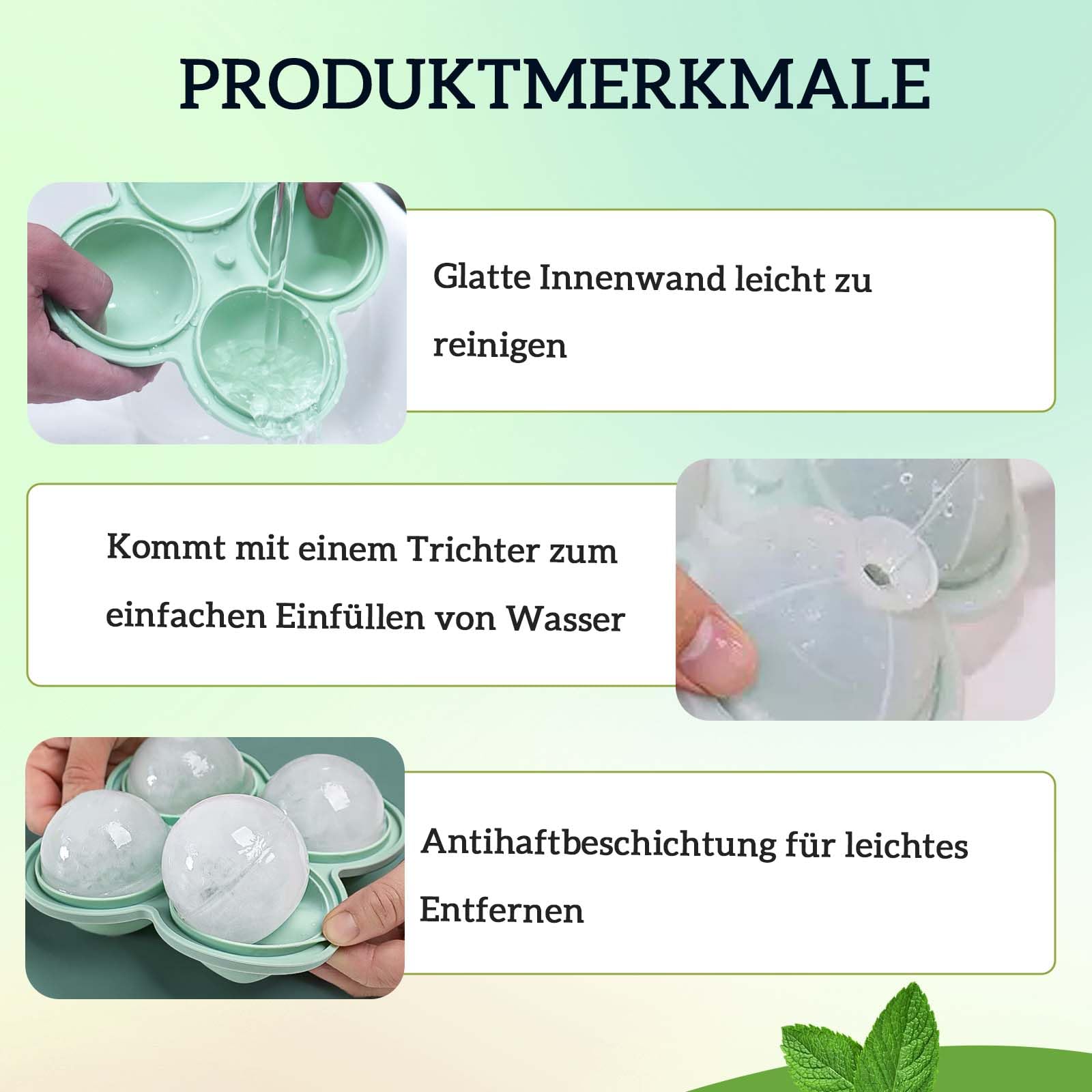 2er-Pack Eiswürfelform Silikon, 8 runde Eiswürfel 6 cm, Eiskugelform mit Deckel & Einfüllöffnung, BPA-frei, wiederverwendbar, für Whisky, Cocktails, Kaffee & Getränke (Grün)