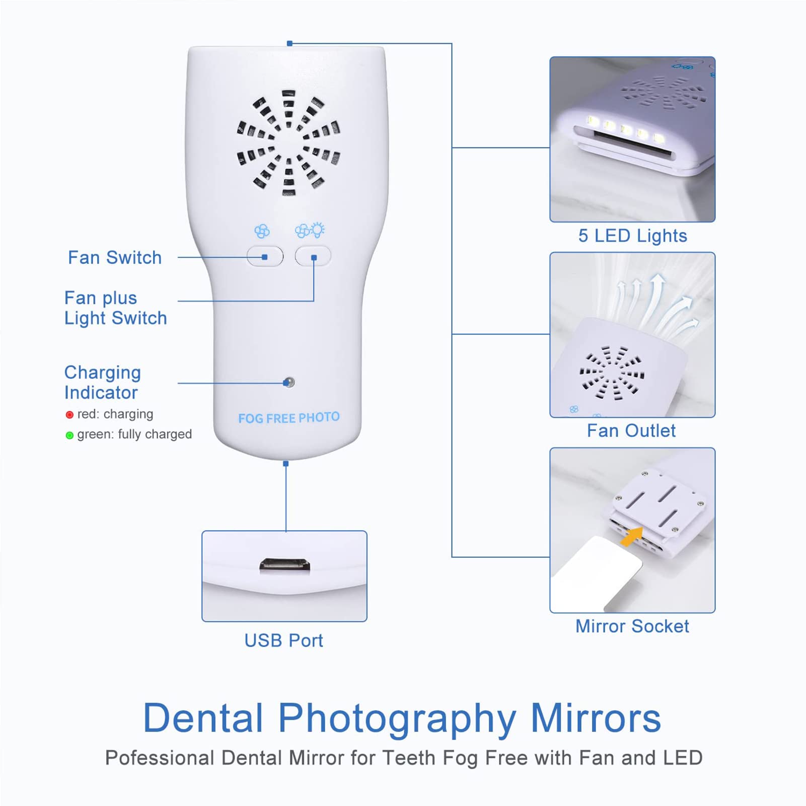 Fotoespejo Dental, Kit De Cuidado Dental Endoscópico Oral De 4 Piezas con Ventilador Y Reflector De Fotografía Oral Led, Espejo Dental con Luz En La Boca