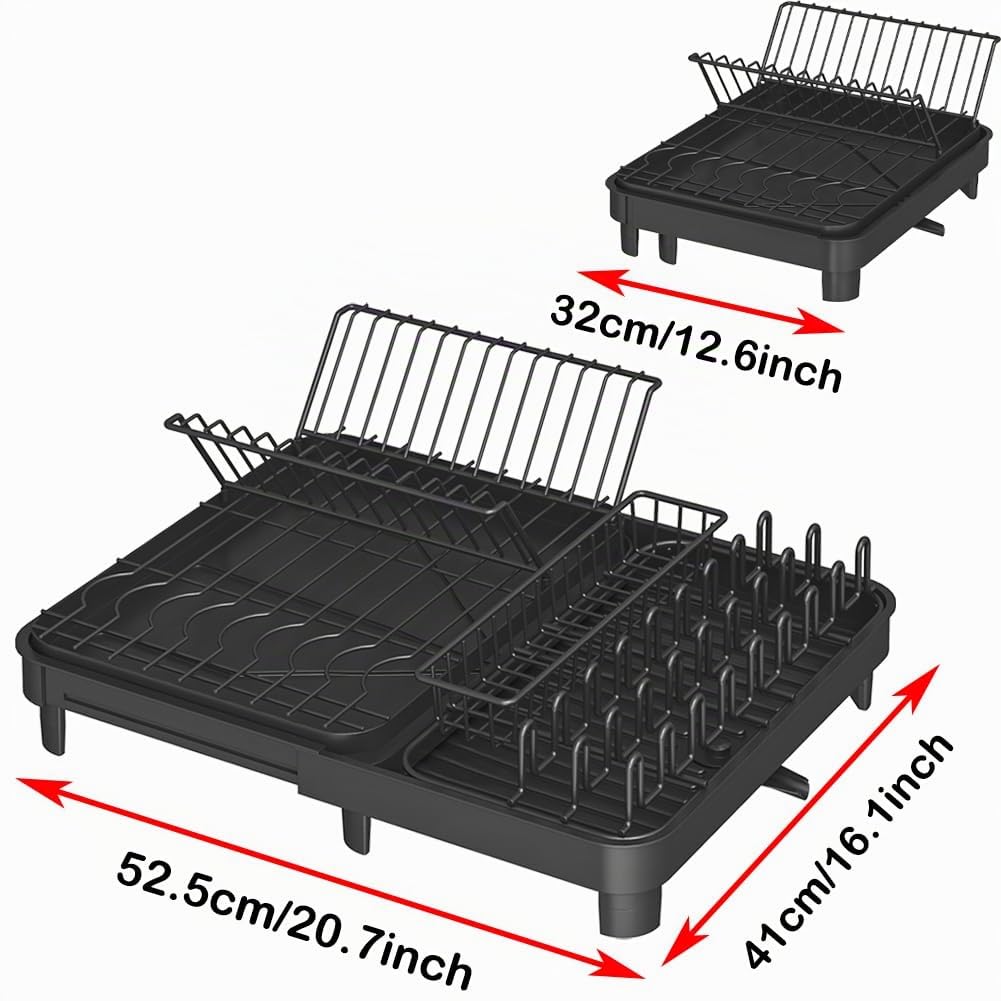 YunNasi Escurreplatos Extensible 32-52,5 cm, Escurridor Platos | Grande, en Acero al Carbono, Con Bandeja Recogegotas, Portacubiertos