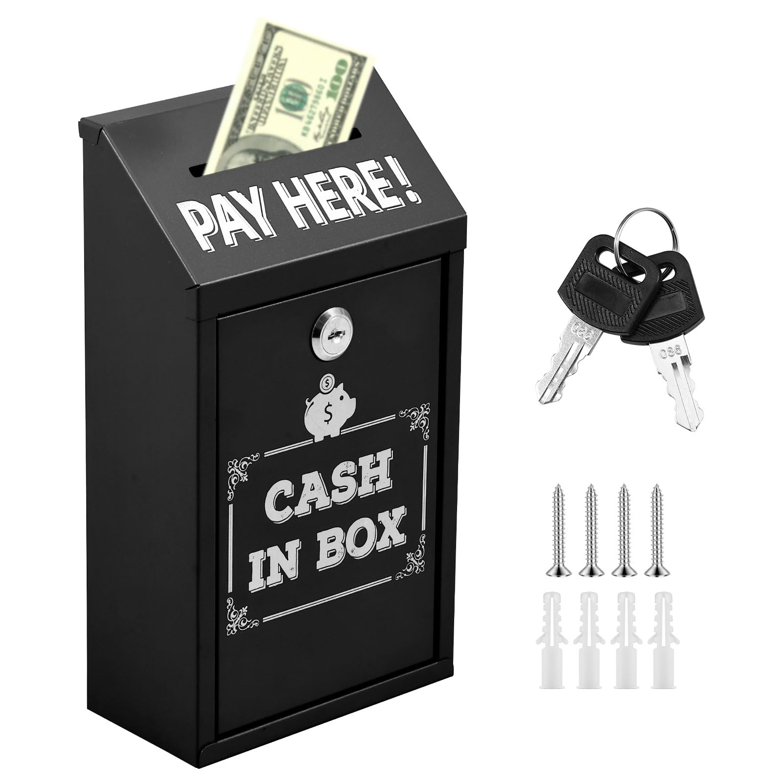 Donation Box with Lock,26x14.5x7.5cm Collection Box with Slot,Metal Metal Tip Jar, Safe Suggestion Boxs Wall Mount Charity Collection Donation Jar for Bars Restaurants Cafes Home Office(Black)