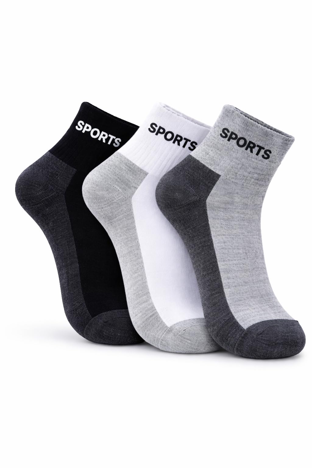 Sports Quarter ankle Socks, 3 Pair Pack, Black White Grey, Unique Design with Reinforced Heel and Toe-image-44