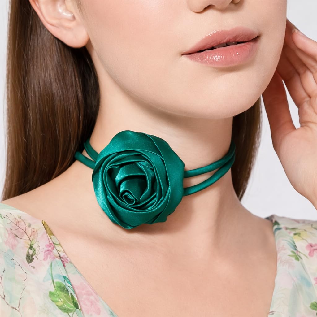 depano Elegant Satin Rose Choker Necklace for Women & Girls – Adjustable Floral Ribbon Tie Neckpiece, Lightweight Fashion Accessory (Emerald Green)-picture-55