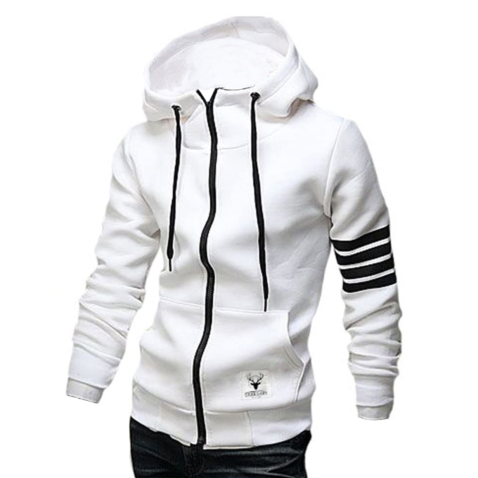 Men's Hoodies Casual Striped Drawstring Hooded And Zipper Closure Hoodie Slim Fit Fleece Sweatshirt