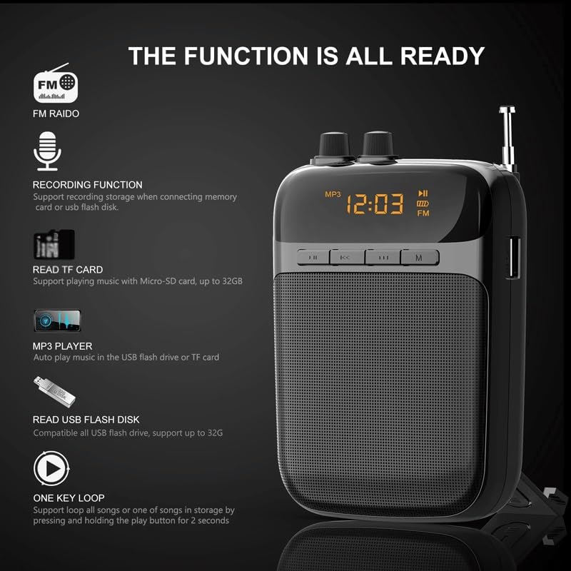 Amplificador de voz con cable LED portátil y radio FM negra 2