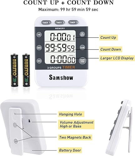 Miniatura 6 de Samshow Paquete de 2 temporizadores digitales de cocina para cocinar, triple temporizador, cuenta arribaabajo, temporizador doble, pantalla LCD