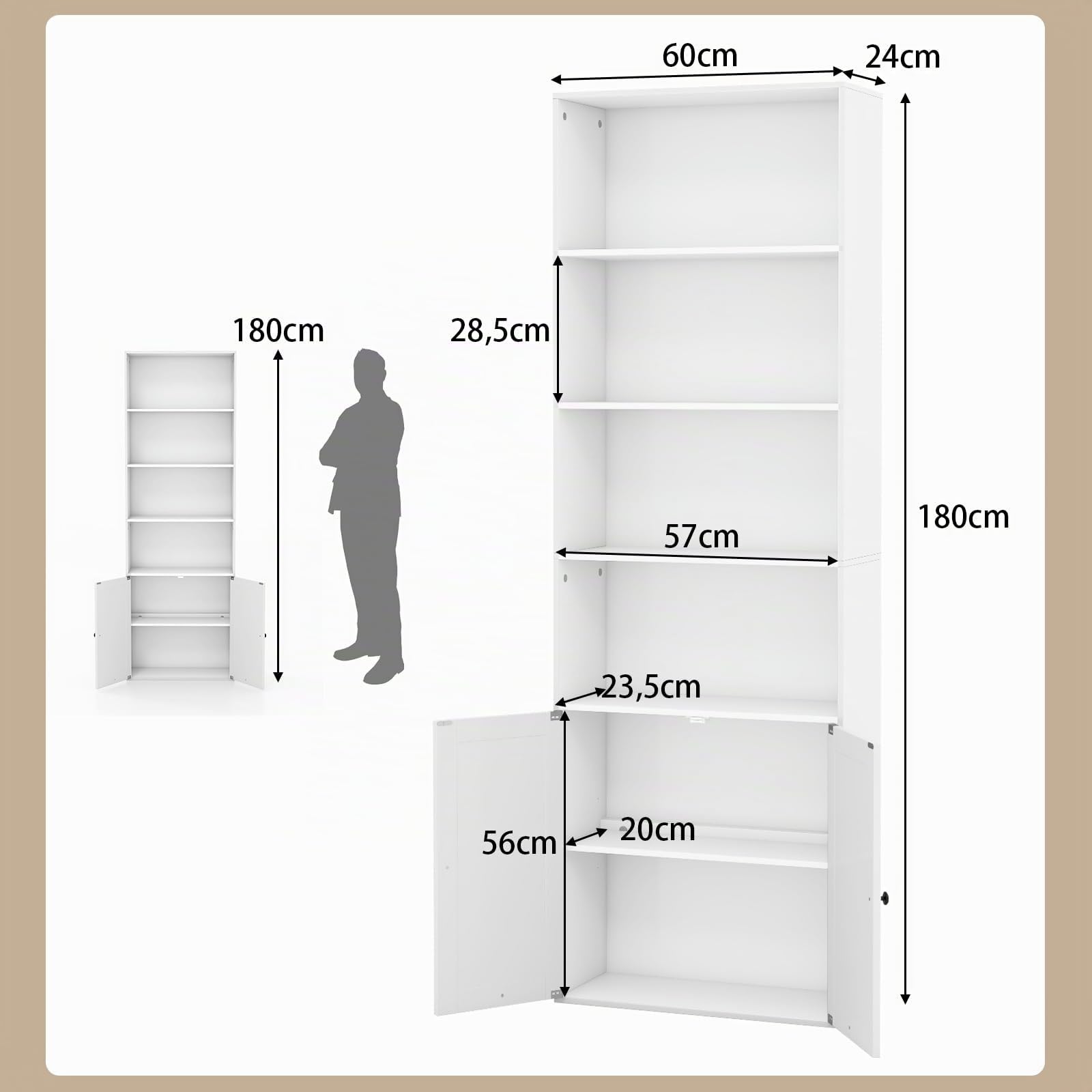 COSTWAY Libreria Estanteria con 2 Puertas, Estanterias para Libros con 6 Estantes y un Armario, Estante Ajustable, Librería Blanca Salon Oficina Cocina, 60 x 24 x 180 cm, Blanco