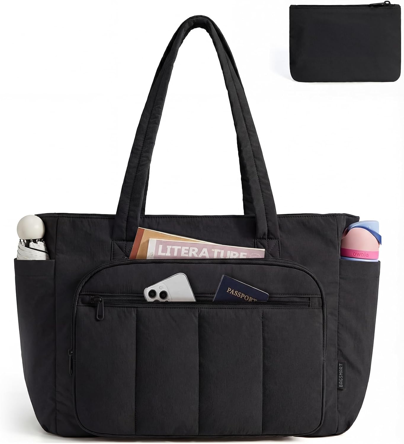 BAGSMART Tote Bag for Women, 2 Set Puffer Tote Bag with Zipper, Quilted Nurse Handbags for Work Travel College | 20L Capacity, 15.6” Laptop Bag, with Cosmetic Bag, Carry on Bag, Nurse Gym Bag