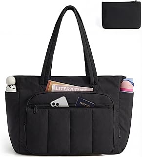 Tote Bags for Women with Zip, 20L Large Work Quilted Bag with 15.6 Inch Laptop Compartment Puffer Shoulder Handbag for Nurse, Travel School Beach