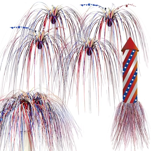 Image of DoubleFill 6 Pack 27.6 Inch 4th of July Fireworks Memorial Day Patriotic 250th Table Centerpiece Red White and Blue Stem Picks Star American Independence Day Decorations Table Centerpieces Decor