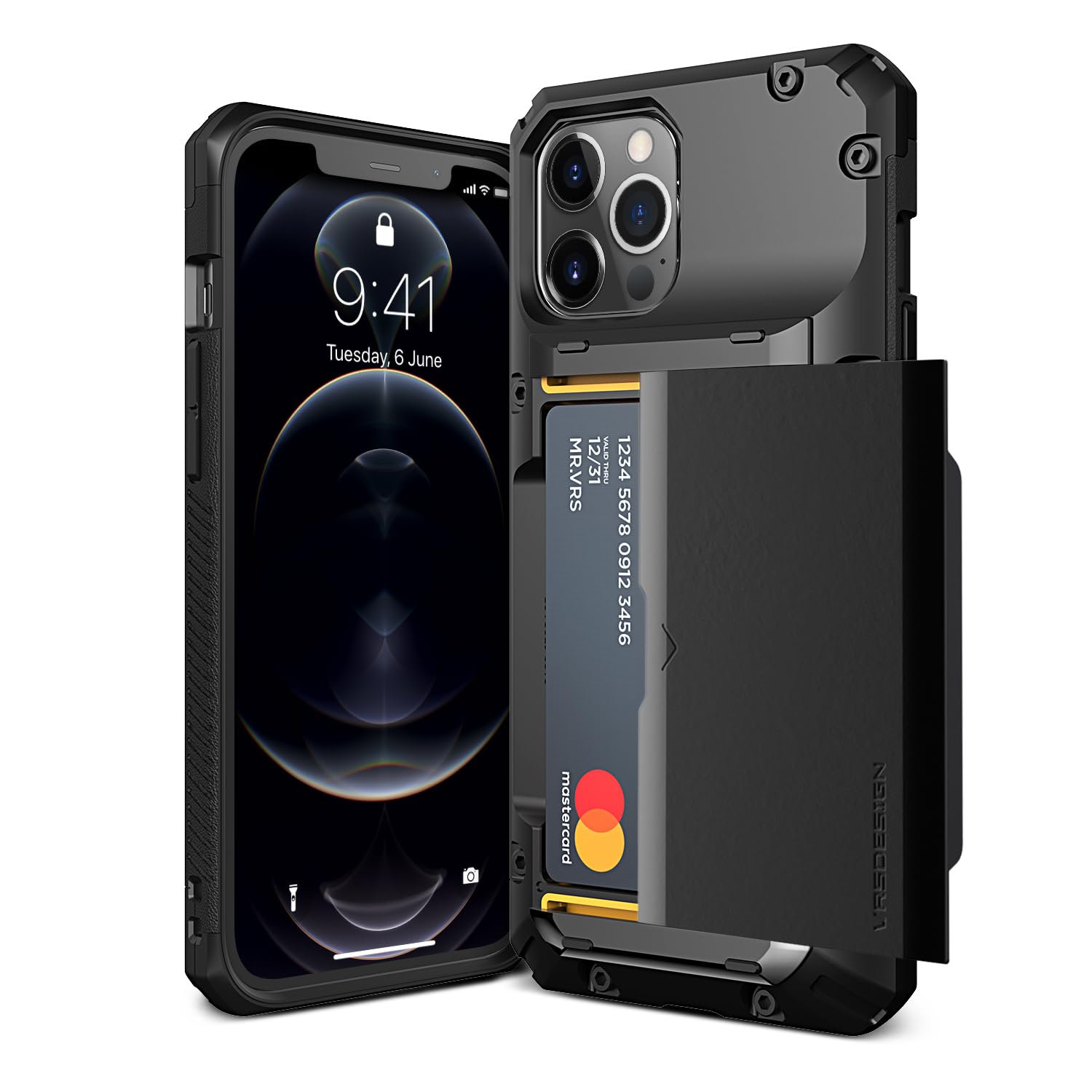 VRS DESIGN Damda Glide Pro Phone Case for iPhone 12 Pro Max, with [4 Cards] Premium Sturdy [Semi Auto] Credit Card Holder Slot Wallet for iPhone 12 Pro Max 6.7 inch(2020) Logo Black