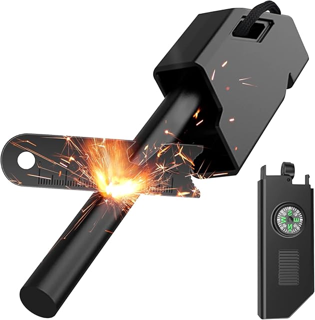 TUT Survival Flint & Steel Magnesium Fire Starter Kit, Outdoor Ferro Rod with Flint Striker, Fire Steel Camping Fire Lighter Stick with Compass & Whistle