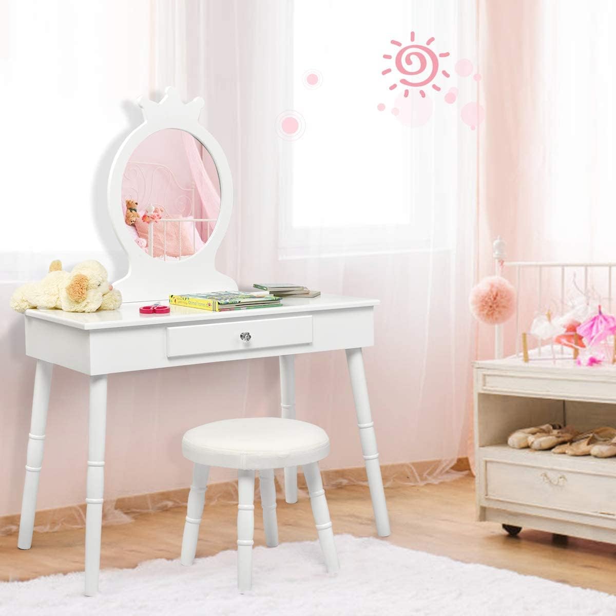 INFANS Kids Vanity Dressing Table & Stool Set, Wooden Pretend Play Dressing Table with Real Mirror, Drawer, Crown Shape Princess Makeup Dressing for Little Girls