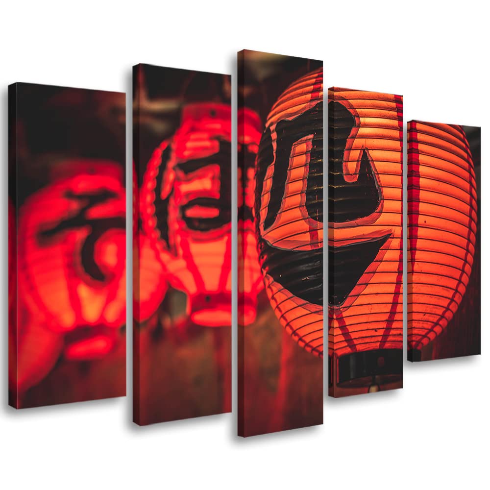 Feeby 5 parti Stampa Tela Non Tessuta 150x100 cm Giappone Kanji Lanterna di carta Decorazione murale Immagini Moderni Soggiorno Cultura giapponese Asia Festival rosso