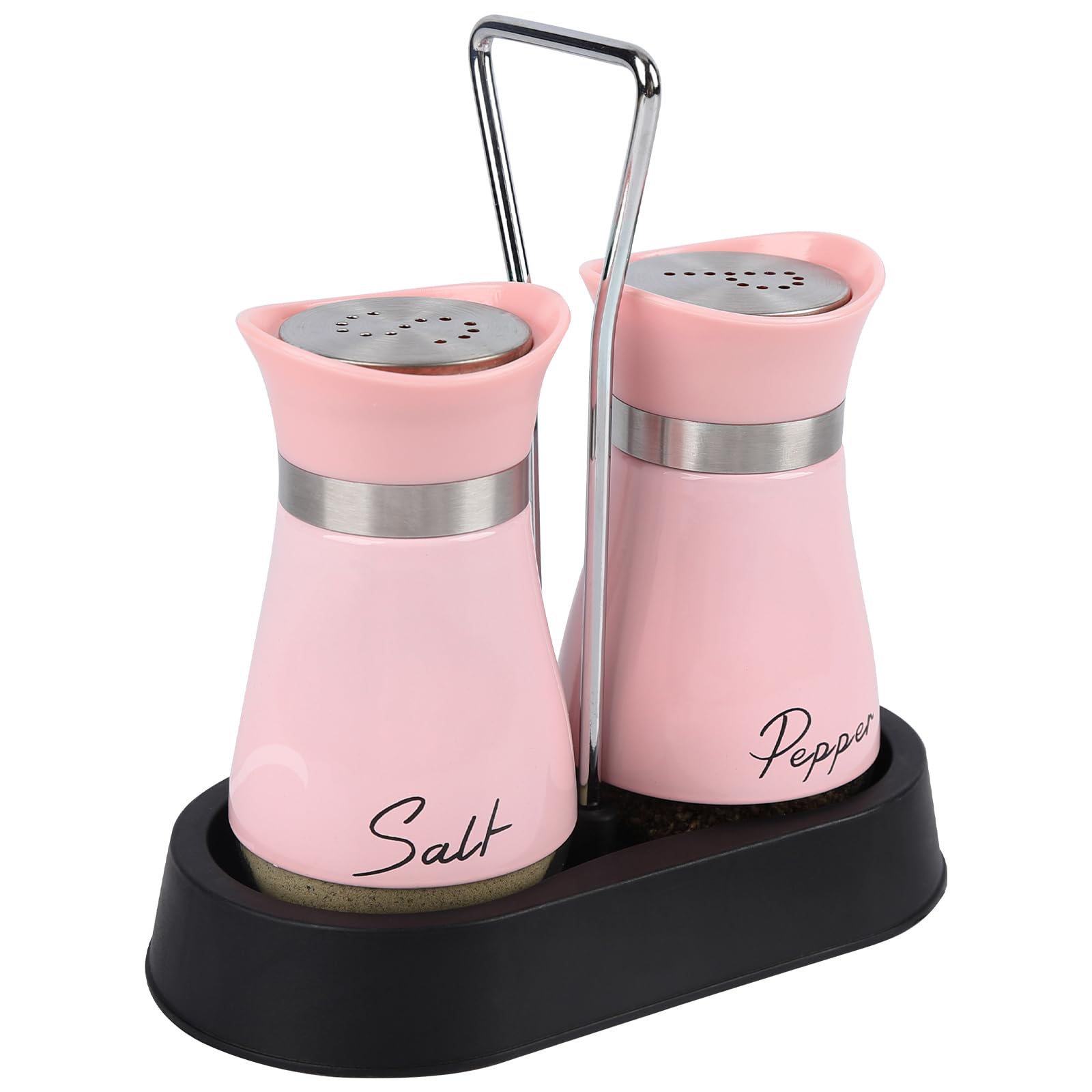 Salt and Pepper Sets, Salt and Pepper Shakers with Holder, Set of 2 Stainless Steel and Glass Bottle Salt Shaker Cellar Dispenser for Kitchen, Cooking, Camping (Pink)