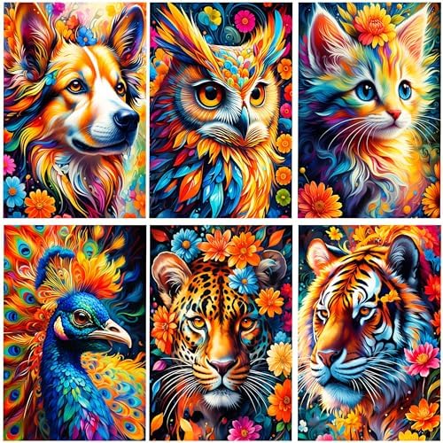 UiSdfuy 5D Diamond Art Kits for Adults,6 Pack Diamond Dots Painting with Round Diamonds,Full Drill,Wall Decor(11.8×15.7 in) (Animal)