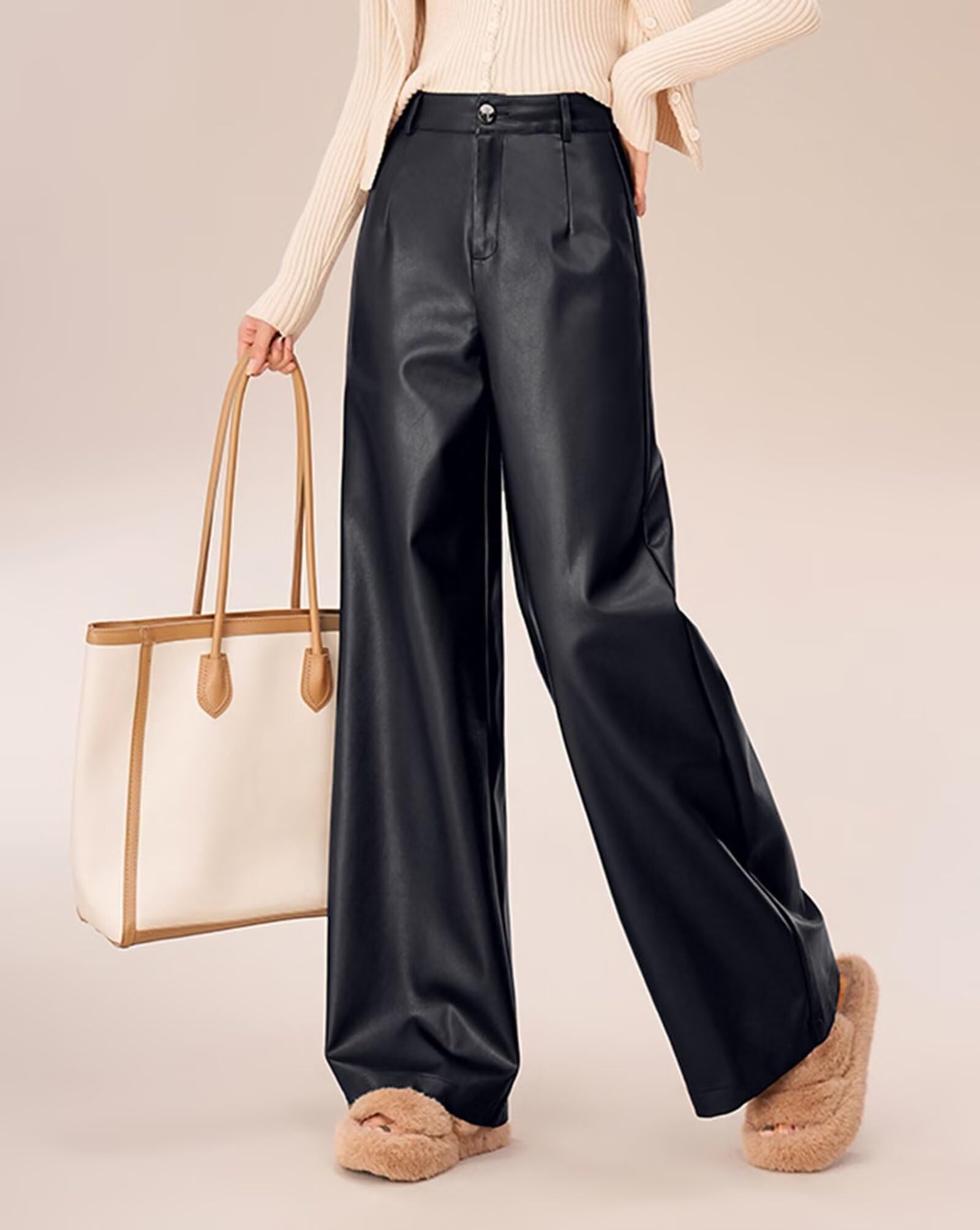 HNVAVQ Pantalones de Cuero para Mujer, Cintura Alta, Informales, para Oficina