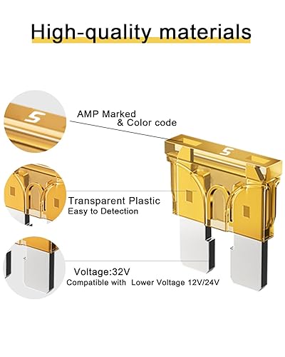 Miniatura 4 de Riseuvo 50 fusibles estándar 5A para automóvil, fusibles automotrices de 5 amperios (ATOAPRATS), fusible de hoja de 32 V (1224 V) para RVcamiónSUV