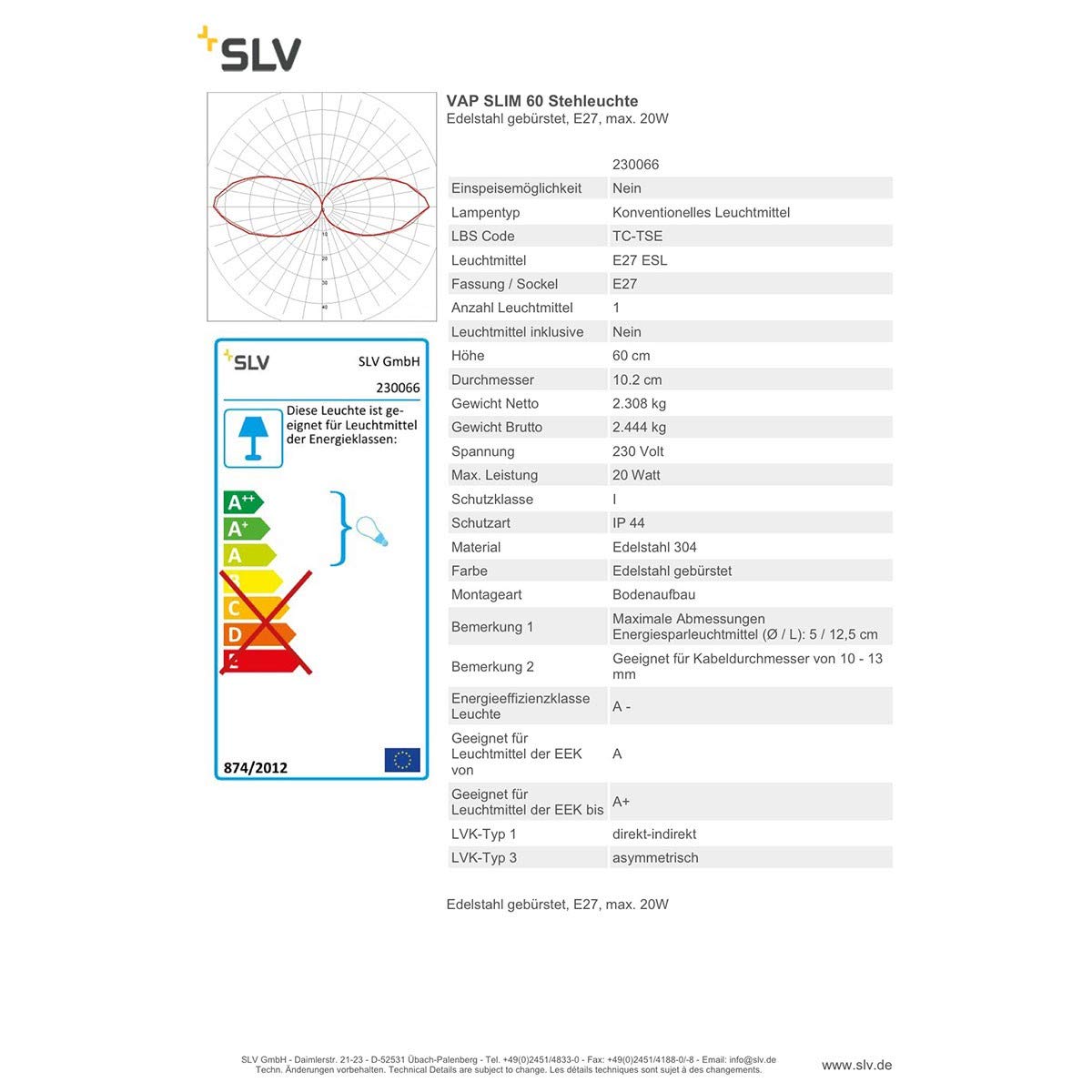 zacisk świetlny zewnętrzny - e27-20 w - SLV vap Slim 60 - ip44 - Stal nierdzewna