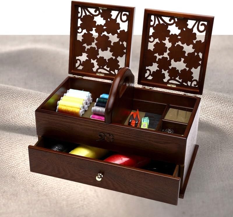 LWECMGSA Wooden Storage Box Household Sewing Kit with Lid Rectangular Tool Needle Thread
