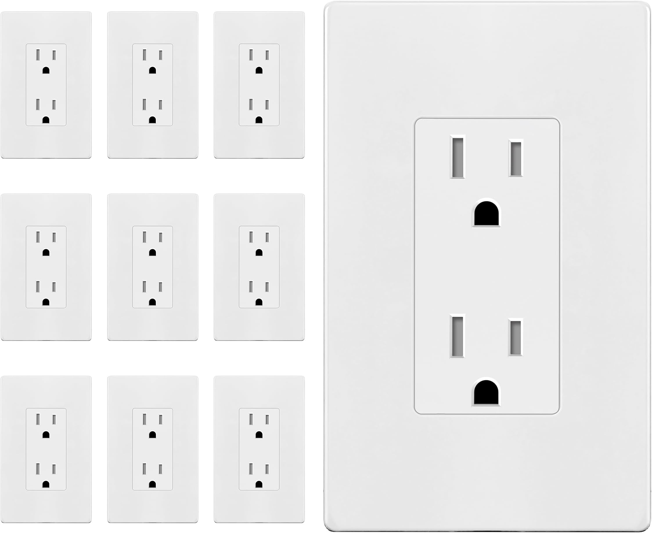 ENERLITES 10 Pack White Decorator Receptacle with Screwless Wall Plate, Standard Electrical Wall Outlet, 15A 125V, Self-Grounding, 2-Pole, 3-Wire, 5-15R, UL Listed, 61502-TR-WSID, Tamper Resistant