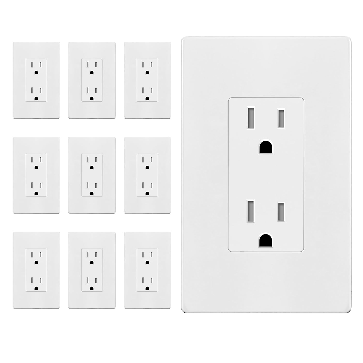 Enerlites 10-Pack Tamper-Resistant Decorator Outlets with Screwless Wall Plates, 15A 125V Self-Grounding UL Listed White Receptacles