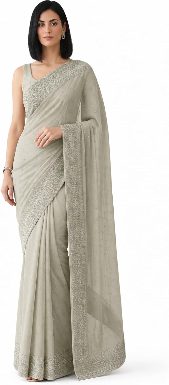 Women's Embroidered Georgette Saree with Sequin Border, Party Wear Collection, Pastel colors