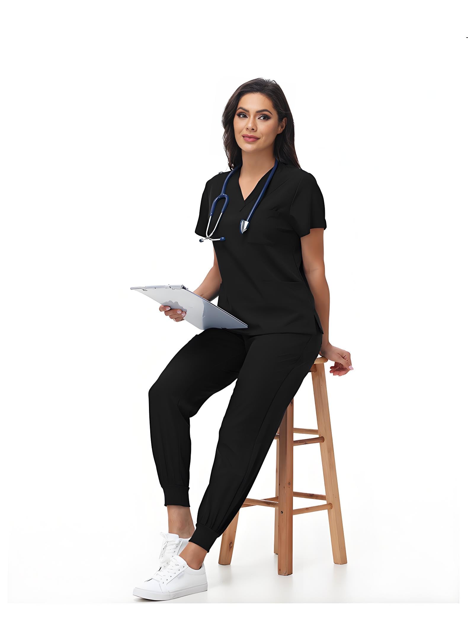 Uniformes Sanitarios Mujer Bata Limpieza Enfermera (FR/ES, Letras, S, M, Regular, Regular, Negro V+)