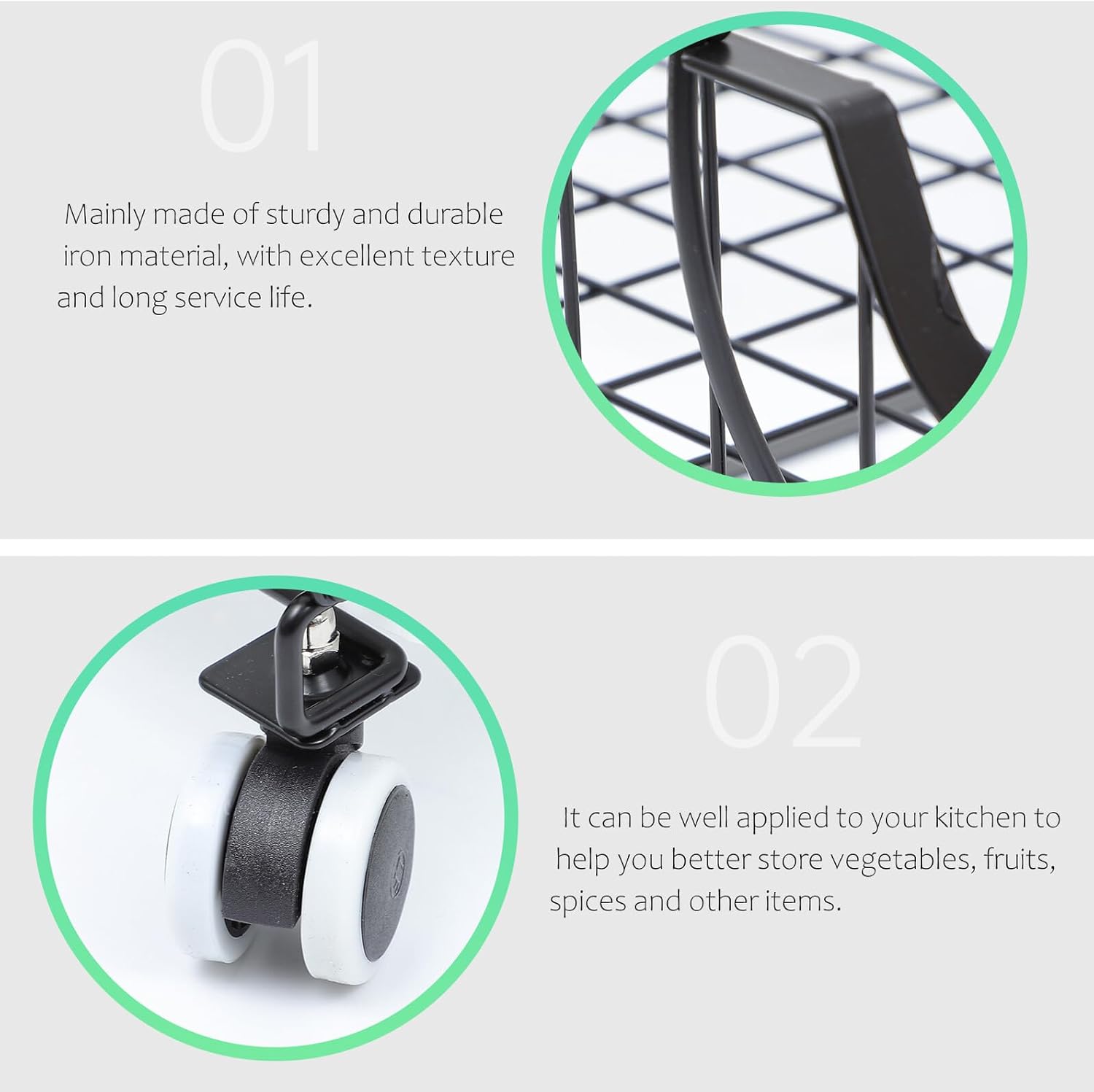 Three-Layer Kitchen Storage Cart with Wheels, Multi-Purpose Utility Rolling Cart for Fruit and Vegetable Organization, Black Frame with Dual-Color Casters, Suitable for Pantry