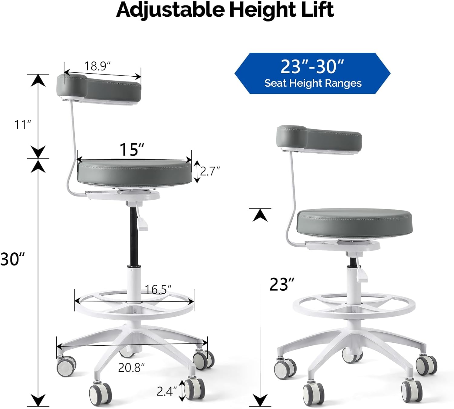 JMU Dental Assistant Chair, Adjustable Height Rolling Stool with 360° Swivel Armrest, 350lbs Load Capacity Microfiber Leather, for Medical Clinic Lab Tattoo Salon, Grey