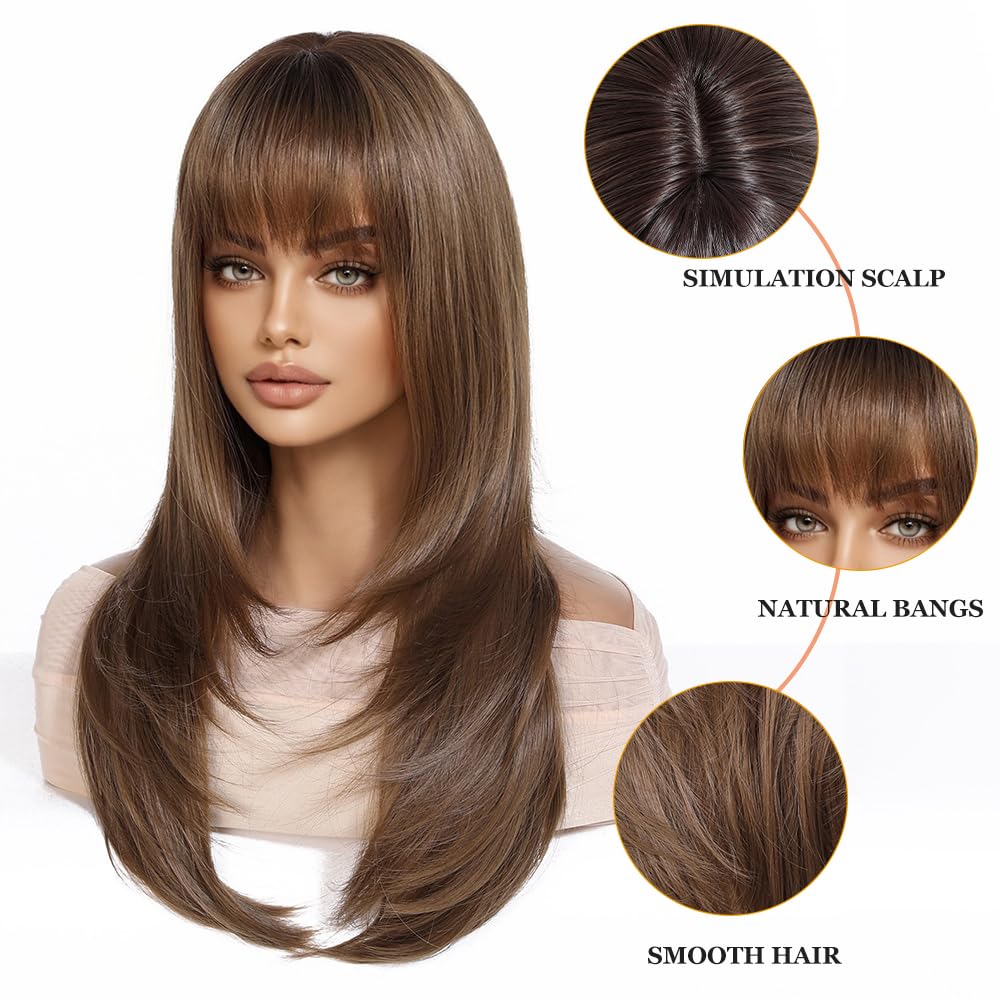 Esmee Long Straight Brown Wigs for Women with Fringe Natural Synthetic Hair Ombre Wig for Daily & Party Use - Image 3