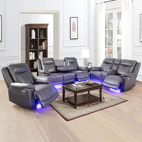 Power Reclining Sofa Set with LED Lights Breathable Leather Living Room Furniture with USB Port/Storage Console/Cup Holders 3 Pieces Home Theater Set (Dark Grey)