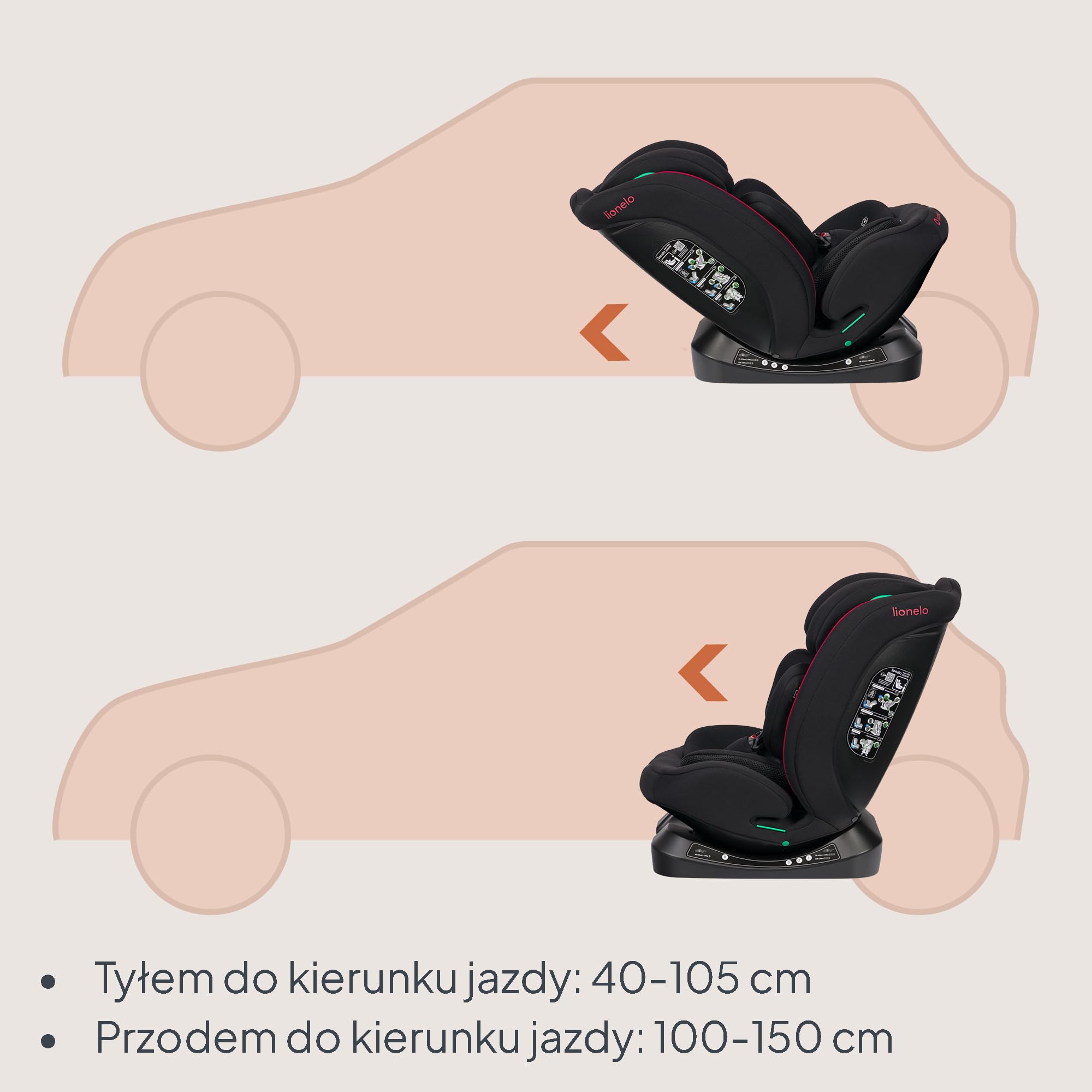 LIONELO Fotelik samochodowy dla niemowląt AART i-Size dla dzieci od urodzenia 40 do 150 cm 0-36 kg skierowany do przodu i do tyłu, uniwersalne dopasowanie, 13 poziomów regulowany zagłówek, leżący