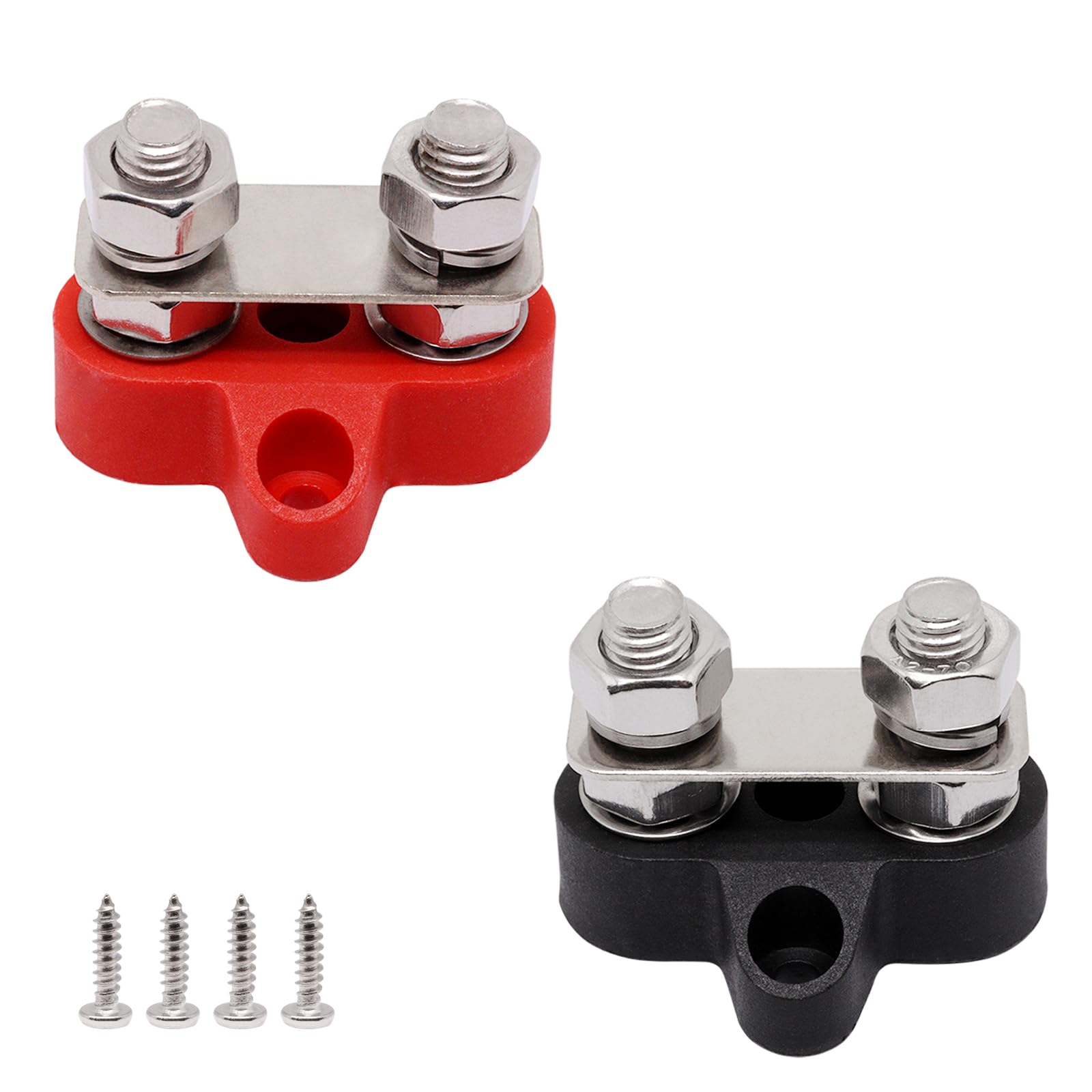 S SYDIEN Bus Bar 250A, 3/8" Studs Power Distribution Blocks, Battery Buss Bar, 12V- 48V DC Positive & Ground Battery Busbar with Cover for Car Boat RV Solar Electrical System, Red & Black 2Pcs