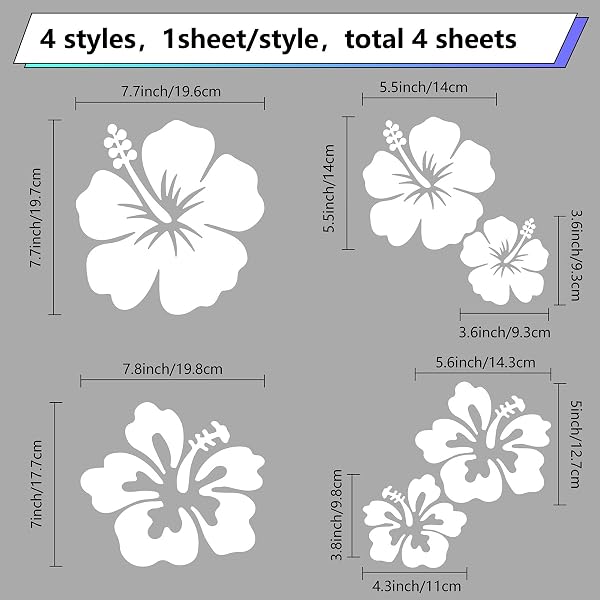 GORGECRAFT 4 hoja de Pegatinas para Coche con Flores de Hibisco Tamaño Grande 6 unidades de Flores Hawaianas Protección Solar Autoadhesivas Accesorios para Coche Decoración Exterior Automotriz(Blanco) - 2