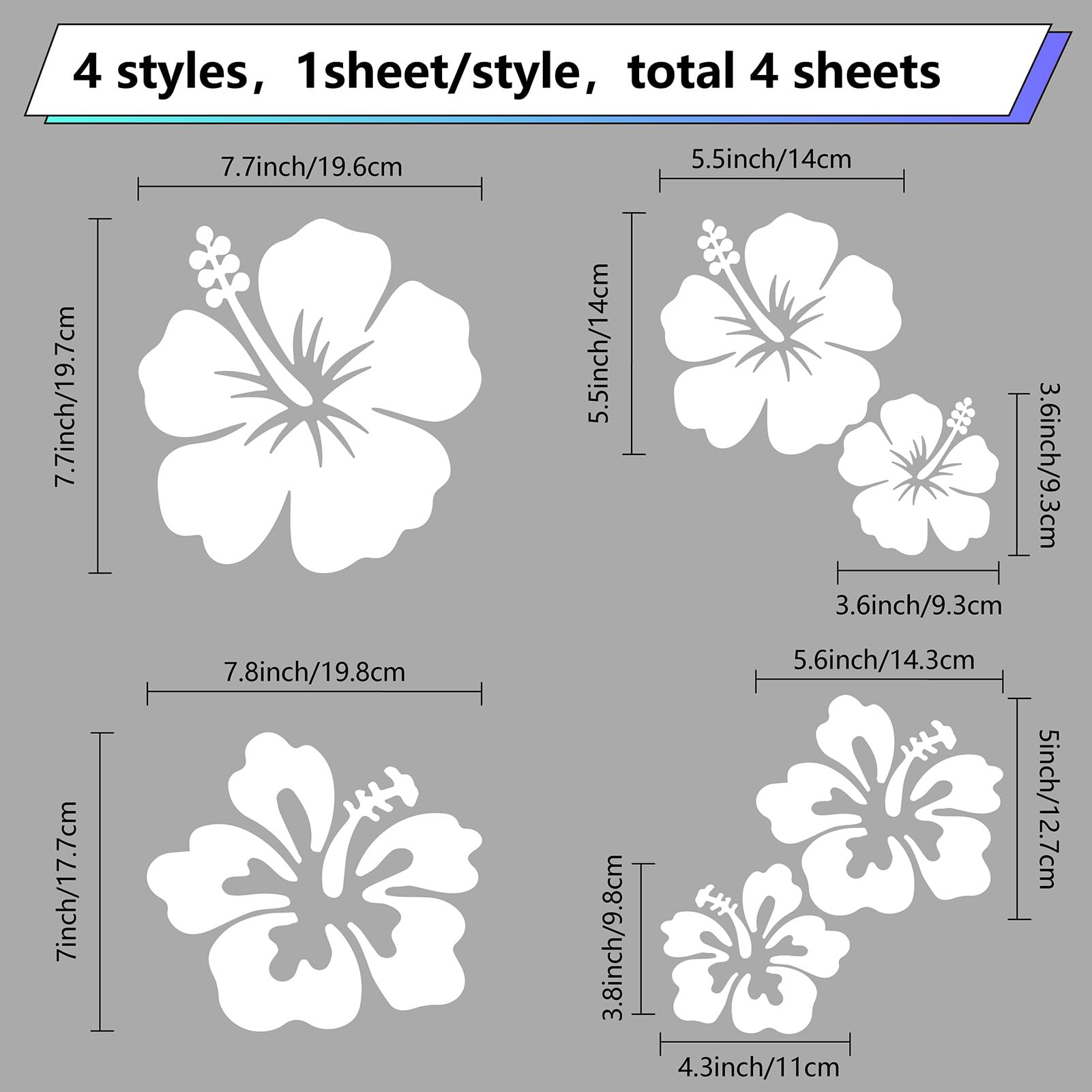 GORGECRAFT 4 hoja de Pegatinas para Coche con Flores de Hibisco Tamaño Grande 6 unidades de Flores Hawaianas Protección Solar Autoadhesivas Accesorios para Coche Decoración Exterior Automotriz(Blanco) — view 2