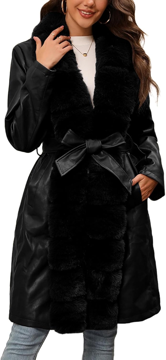 Bellivera Women Faux Leather Winter Trendy Puffer Jacket Water-resistant Thicken Bubble Coat with Fur Collar and Belt