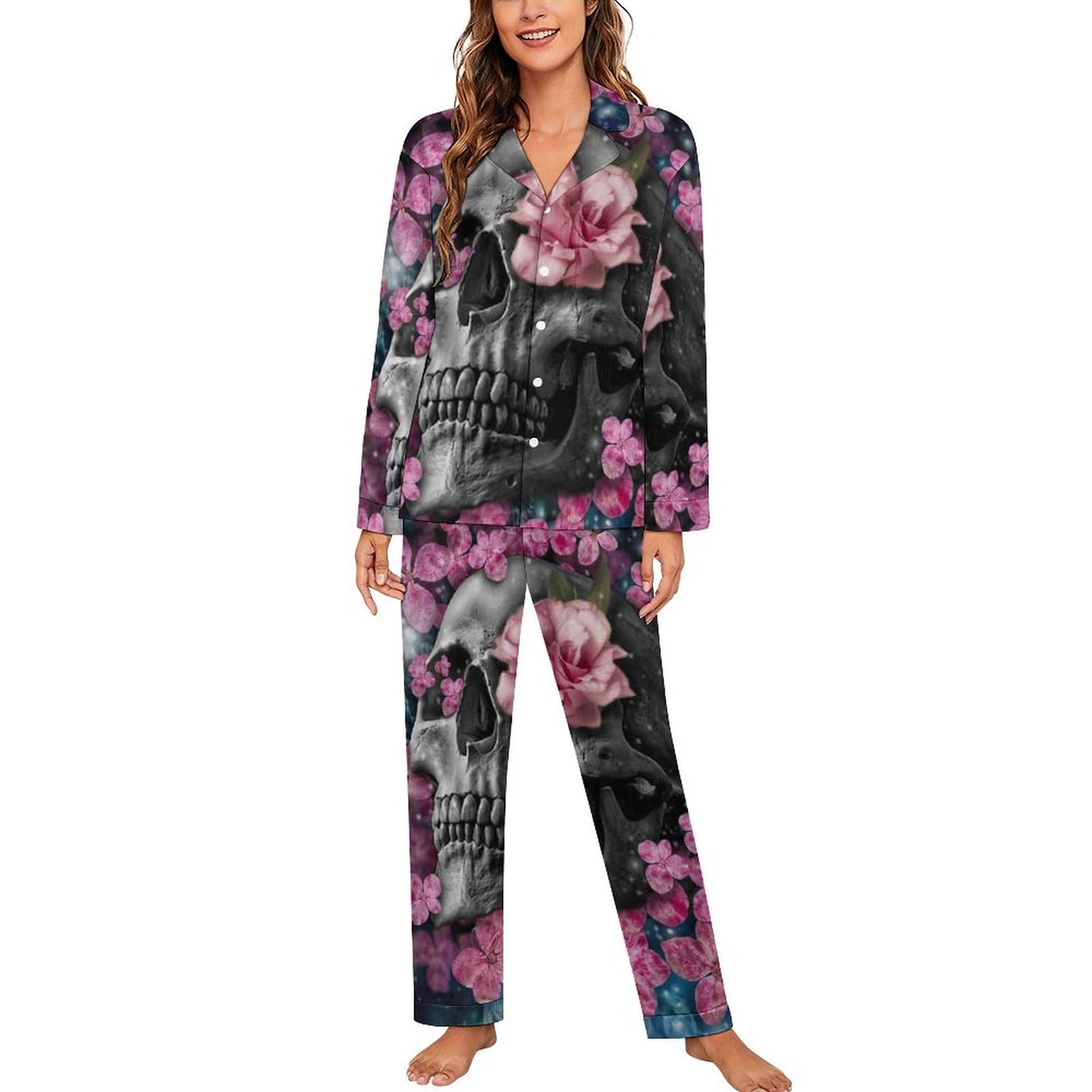 Qjjinxior Sleepwear,Skull Flower Pyjama Sets,Women Long Sleeve Loungewear with Pockets